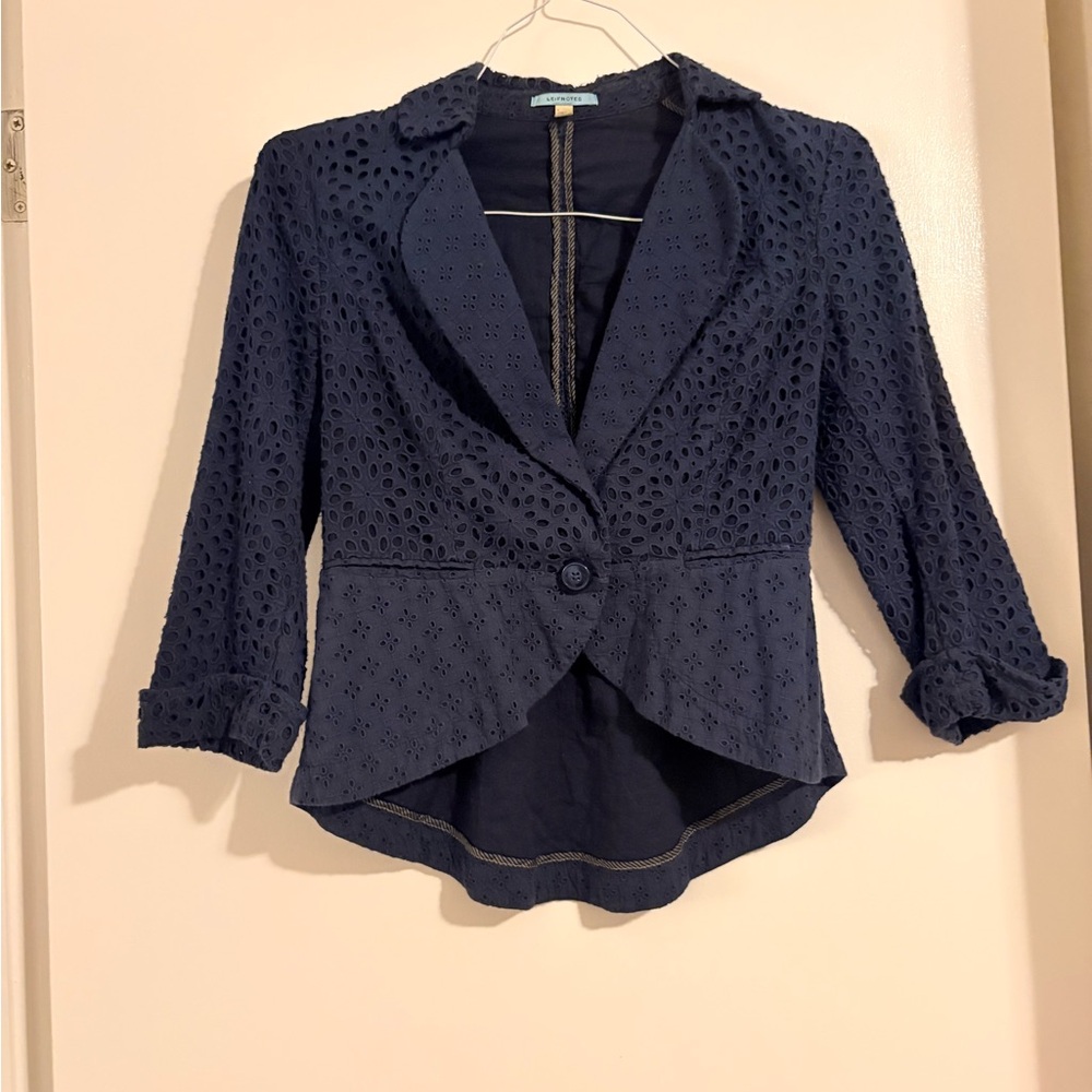 Anthropologie Leifnotes Navy Eyelet Blazer Size 2